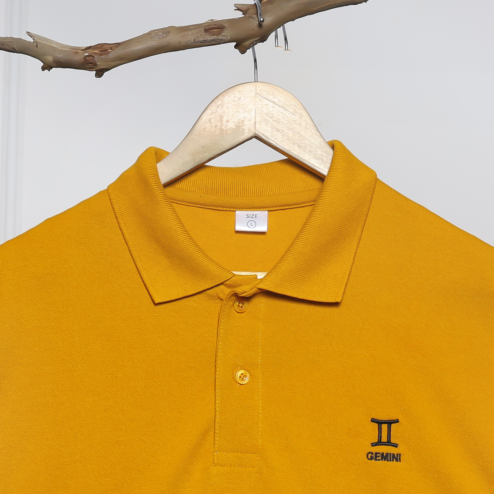 Polo Collar T-Shirt for Men – Gemini Zodiac Sign (Mustard) - Image 3