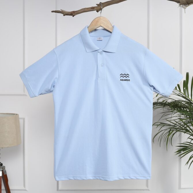 Polo Collar T-Shirt for Men – Aquarius Zodiac Edition (Sky Blue)